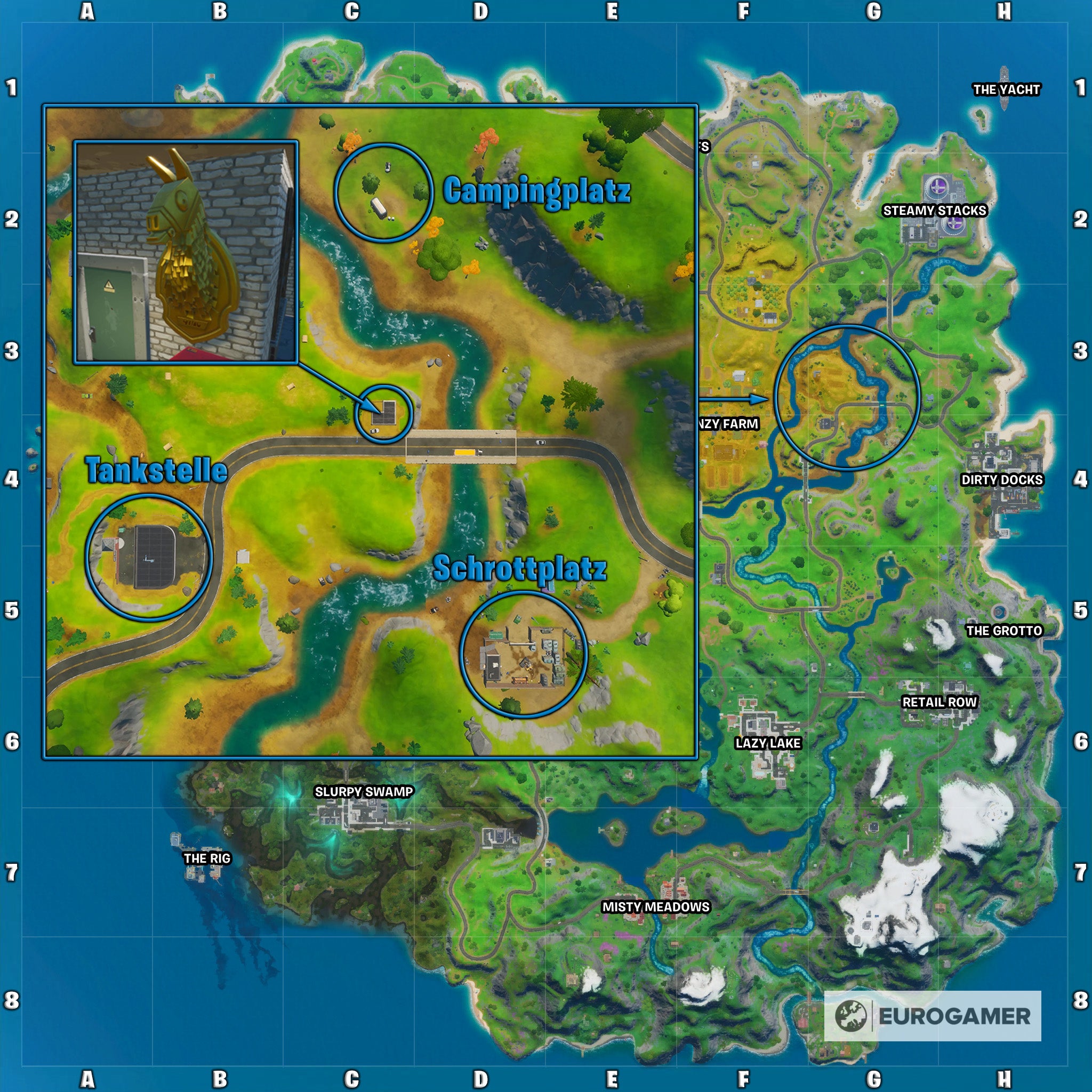 Fortnite: Midas' goldenes Lama zwischen Schrottplatz, Tankstelle und